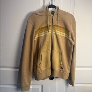 Zip-Up Hooded Sweater in Tan with Stripe Detail